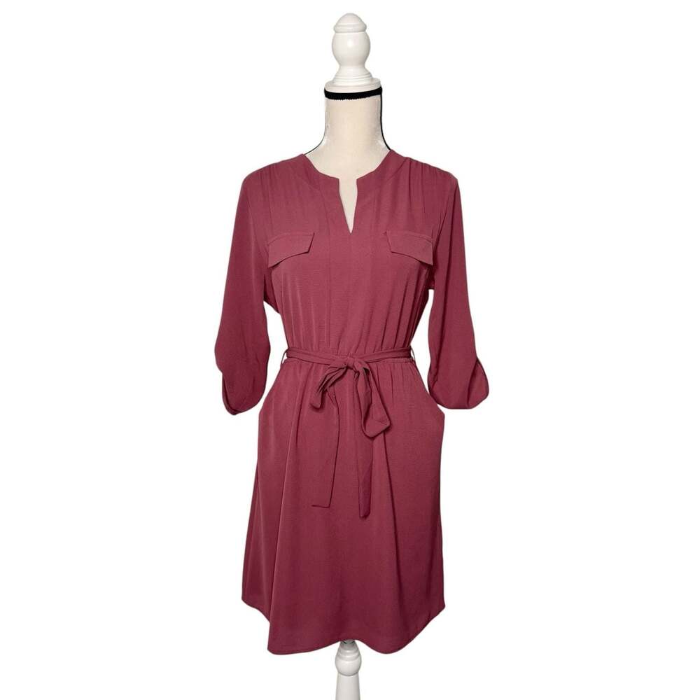 Monteau Los Angeles V-Neck Tie-Waist Utility Shirt Dress in Dusty Rose Size L